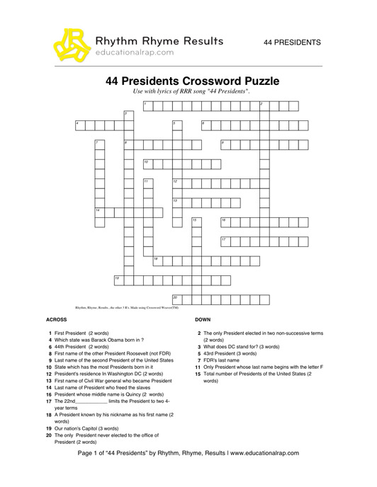 Presidents Crossword Puzzle Worksheets Social Studies