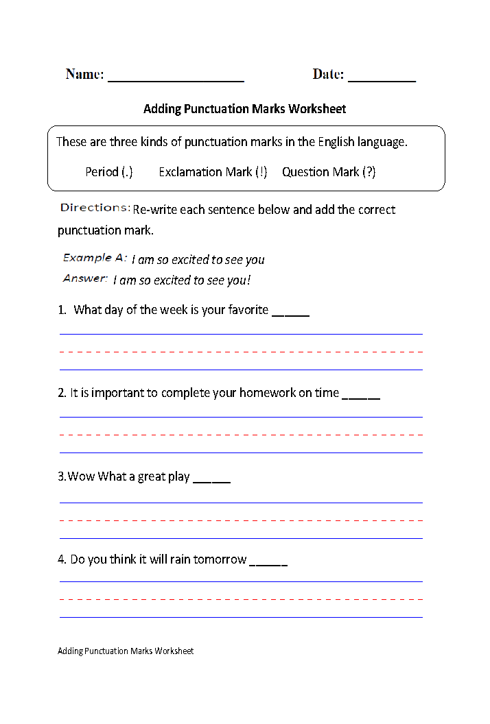 Punctuation Worksheets Grade 1