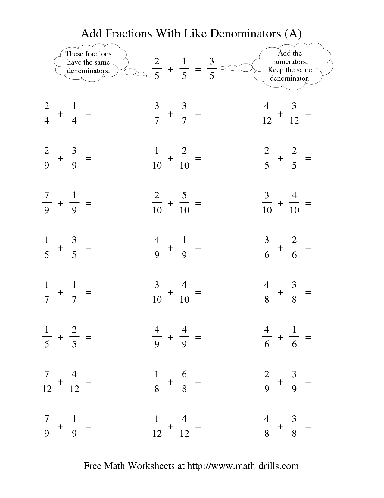 Math Worksheets Fractions Addition And Subtraction Multiplication Division
