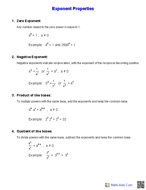 Division Properties of Exponents Worksheet
