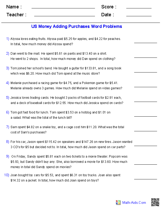 3rd Grade Money Word Problems Worksheets