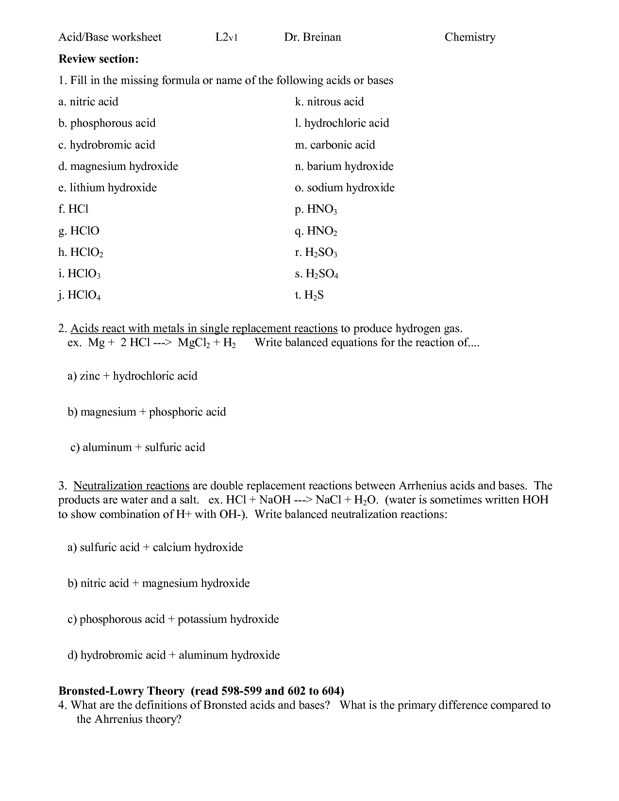 Acid Base Reactions Worksheet