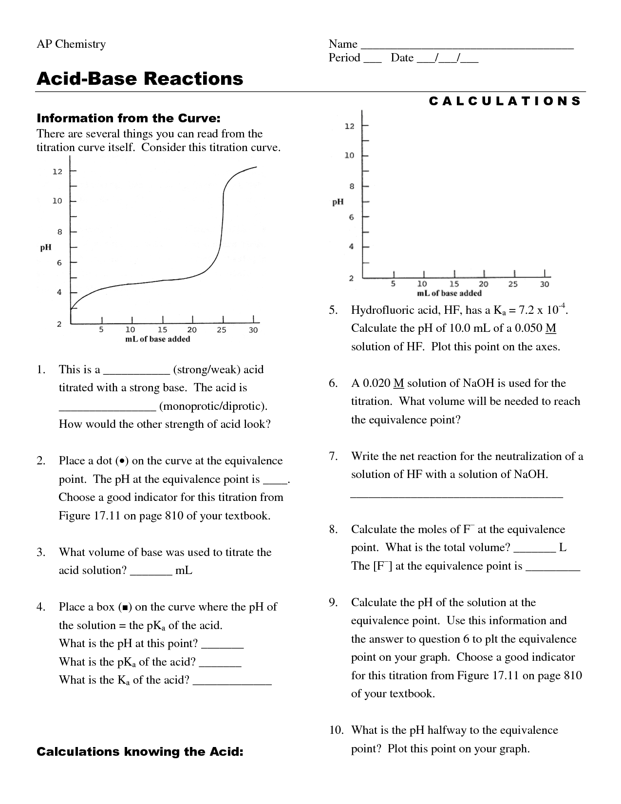 Acid Base Titration Worksheet Answer Key