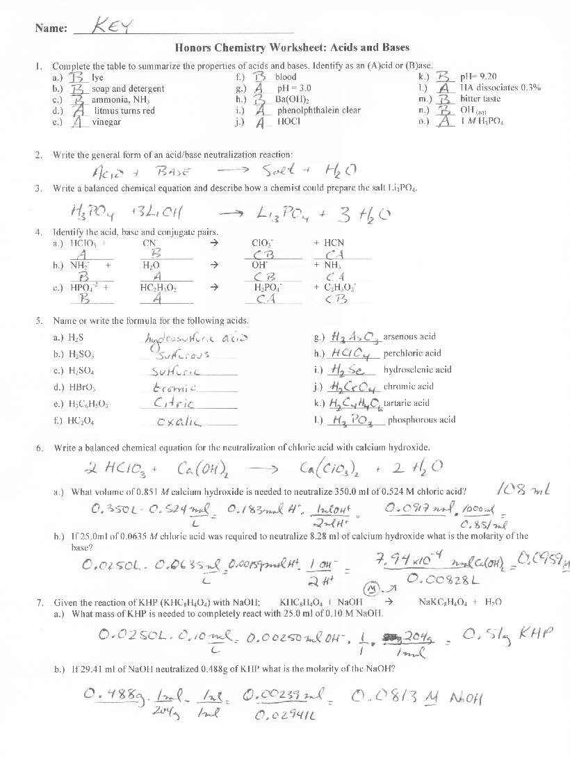 Acids Bases Ph Worksheet Answer Key