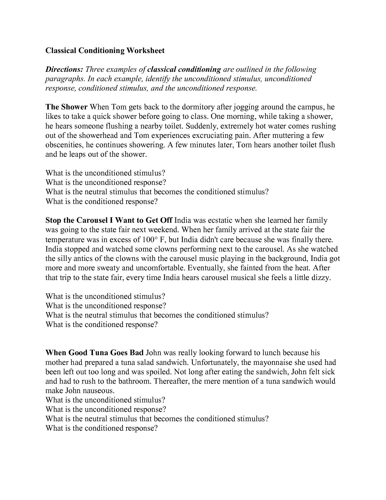 Examples Classical Conditioning Worksheet