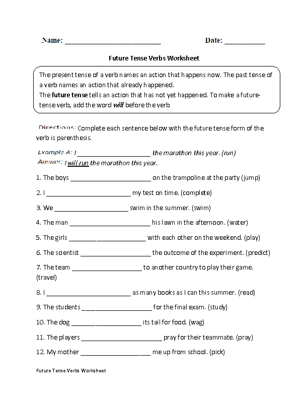 Future Tense Worksheets For Class 6