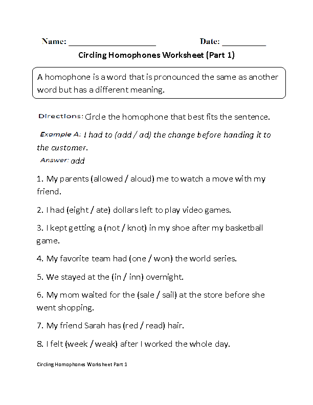 Homophone Worksheets 4th Grade