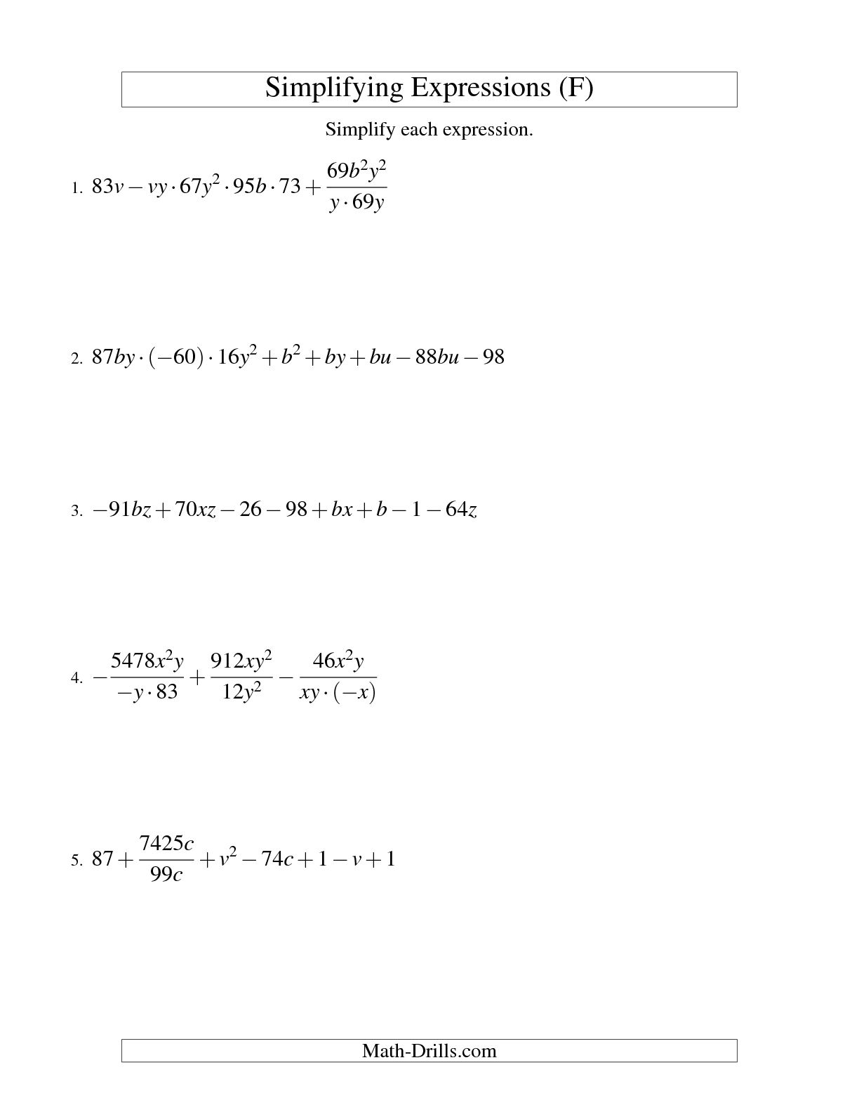 Simplifying Algebraic Expressions Worksheet