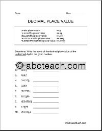 Decimals Place Value Worksheet