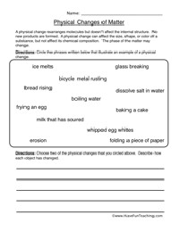 Physical and Chemical Changes of Matter Worksheet