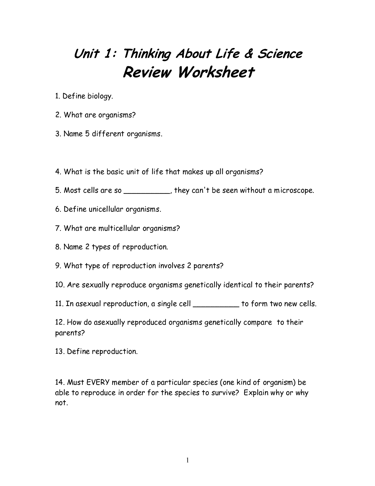 7th Grade Life Science Worksheets