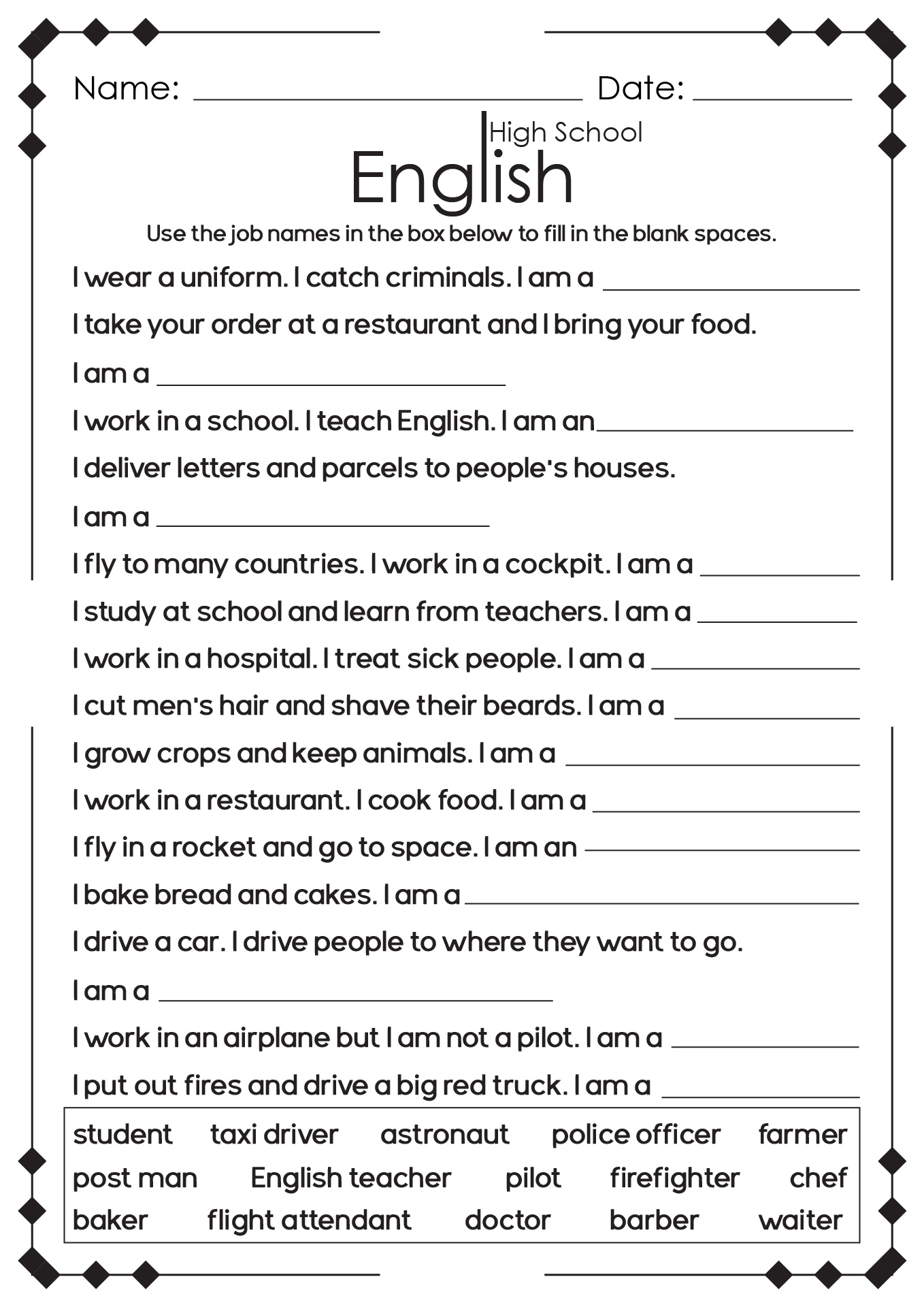 High School English Worksheet