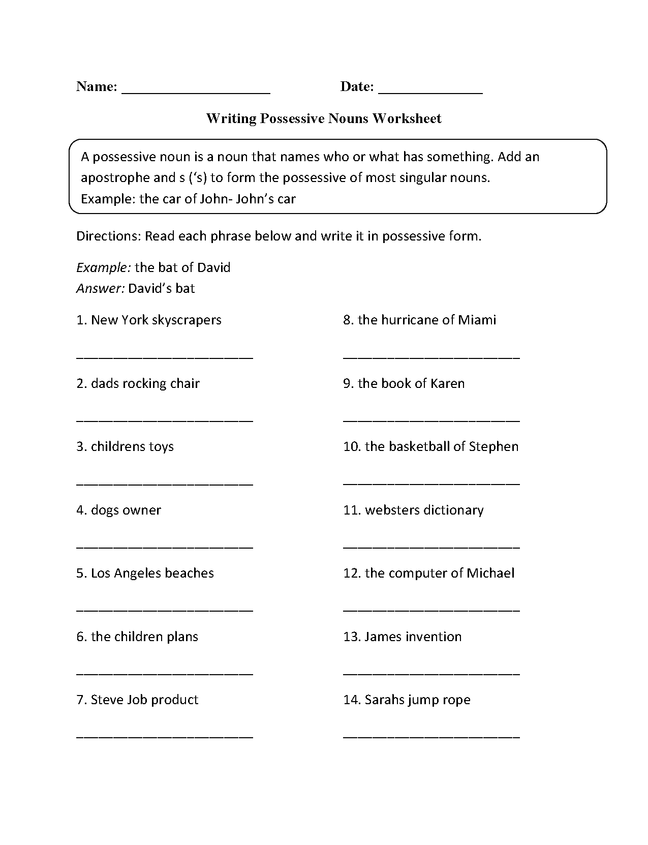 Possessive Nouns Multiple Choice Worksheet