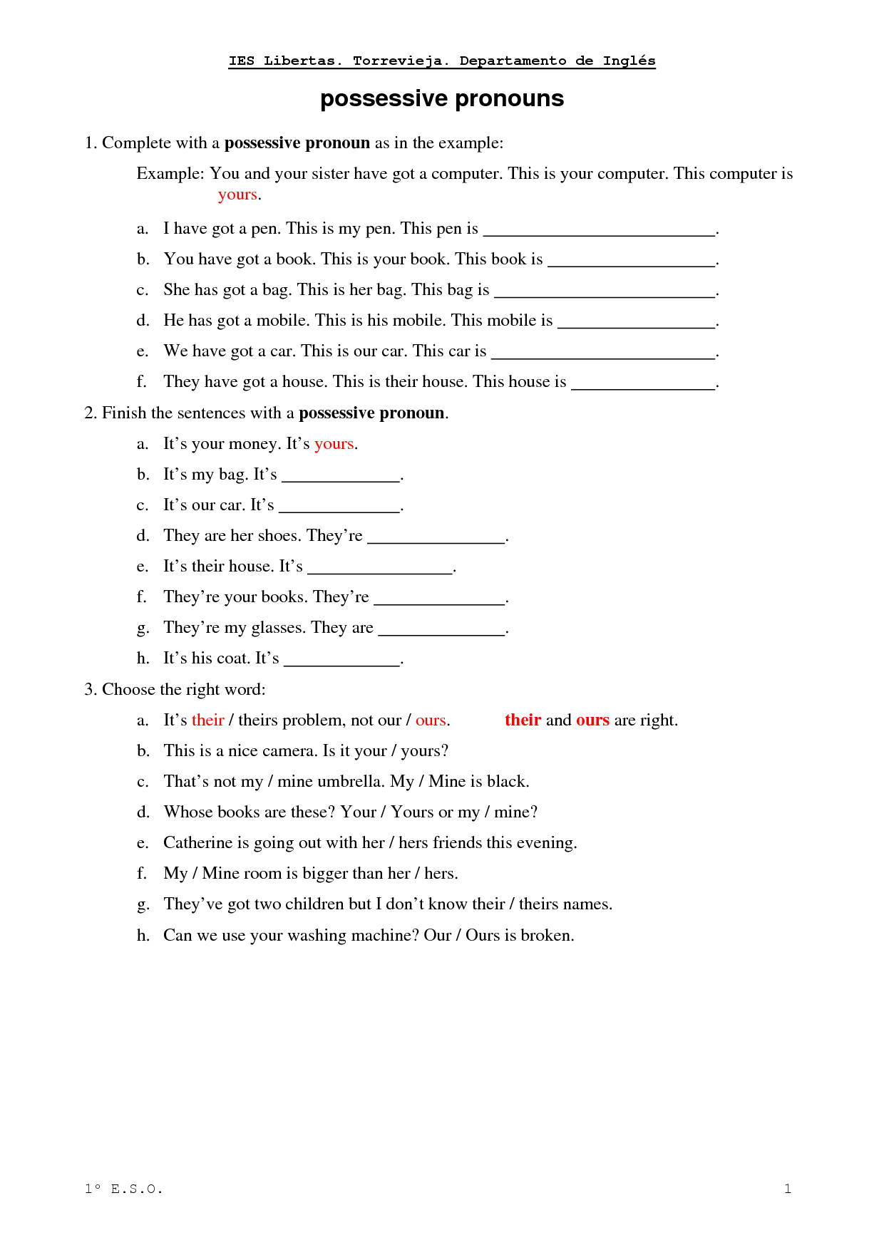 Possessive Pronouns Elementary Worksheets