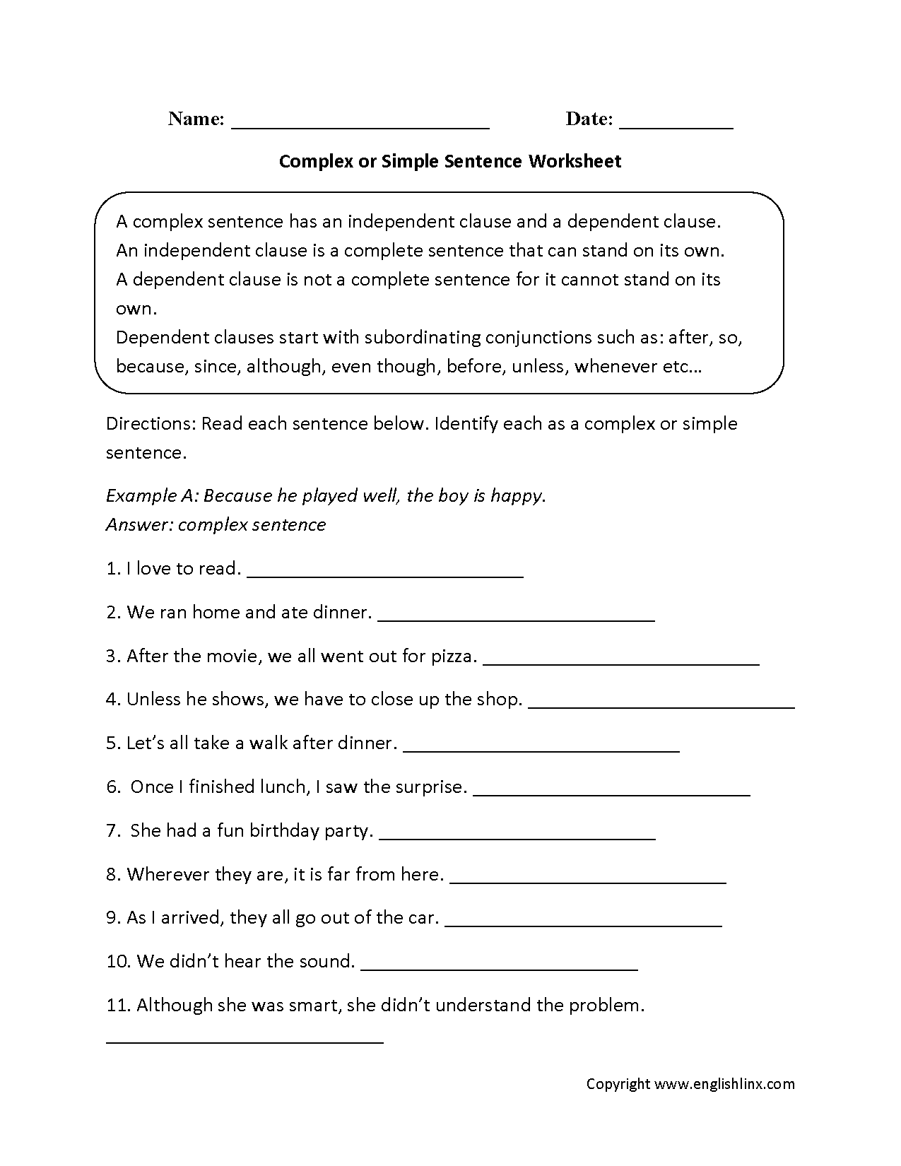 Simple Compound And Complex Sentences Worksheet 6th Grade W Answers