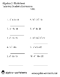Algebra 2 Quadratic Equations Worksheet