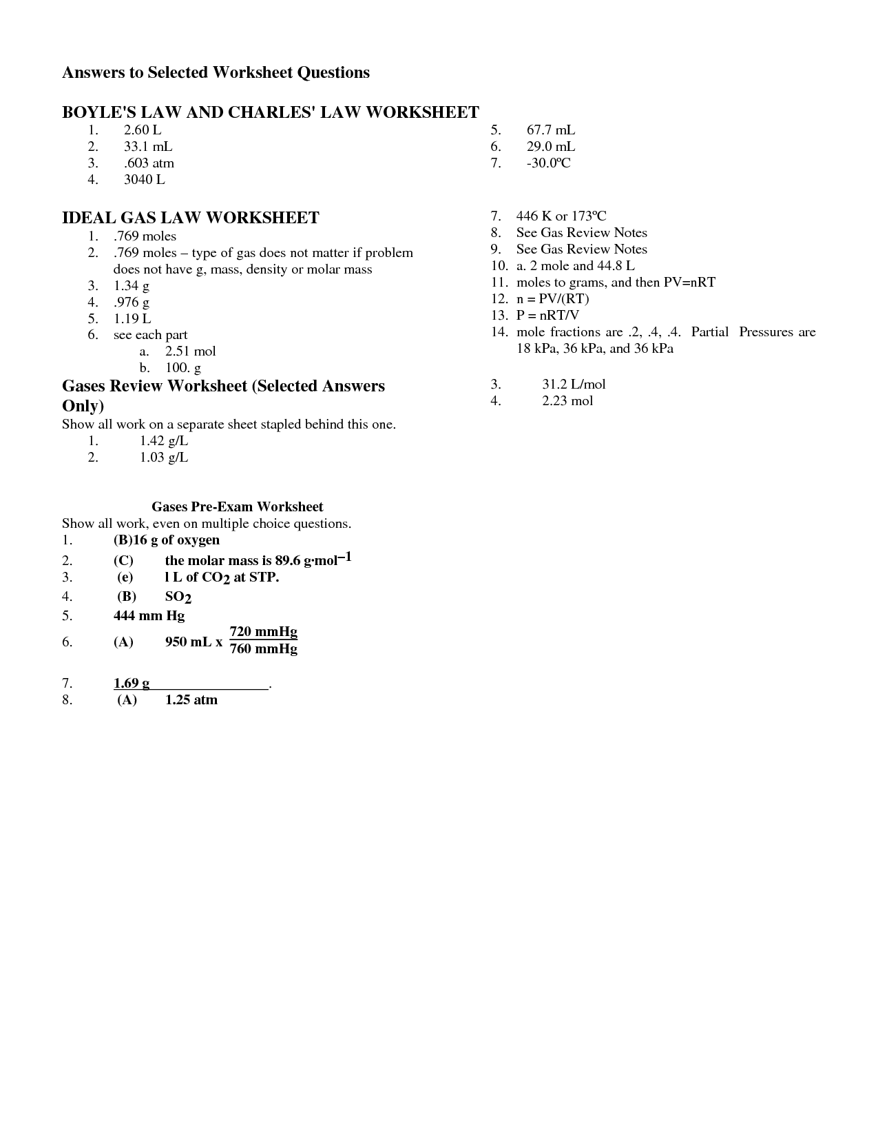 Charles and Boyle's Law Worksheet Answers