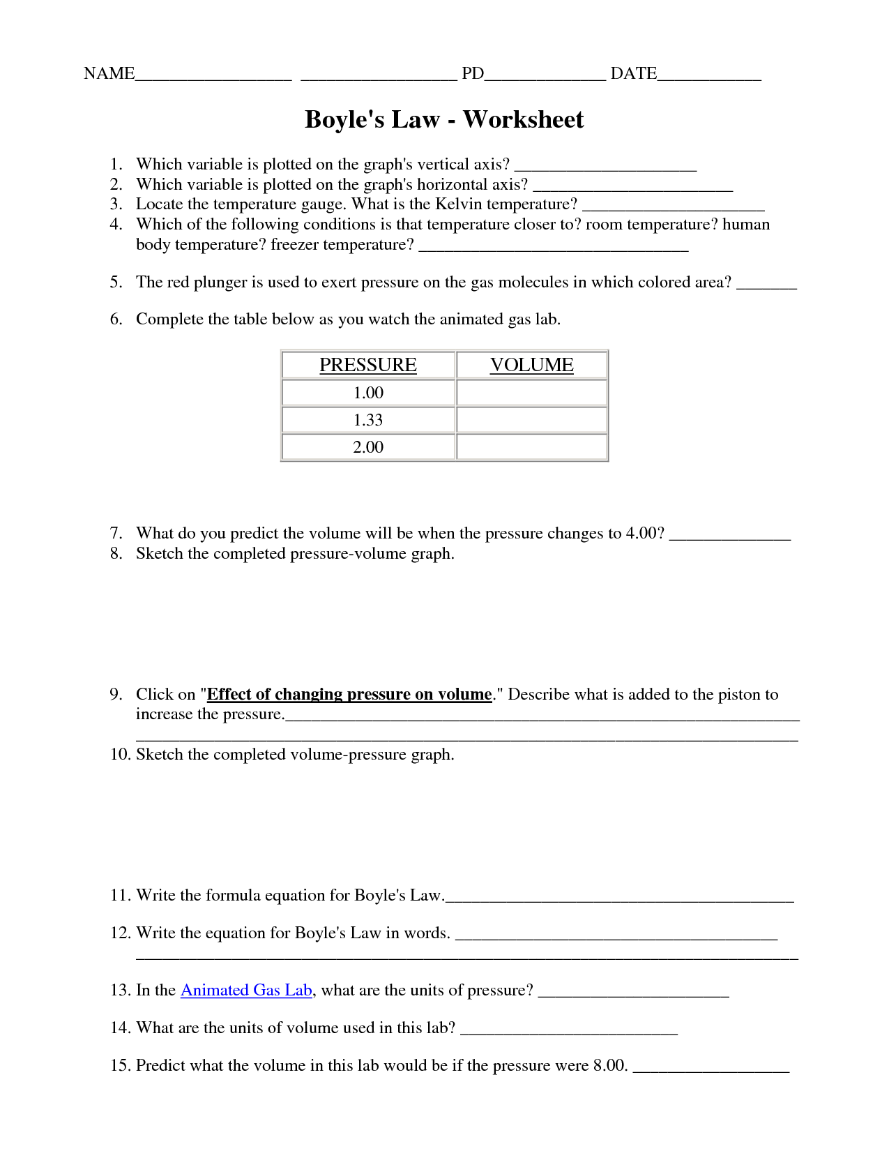Charles Law and Boyle's Law Worksheet