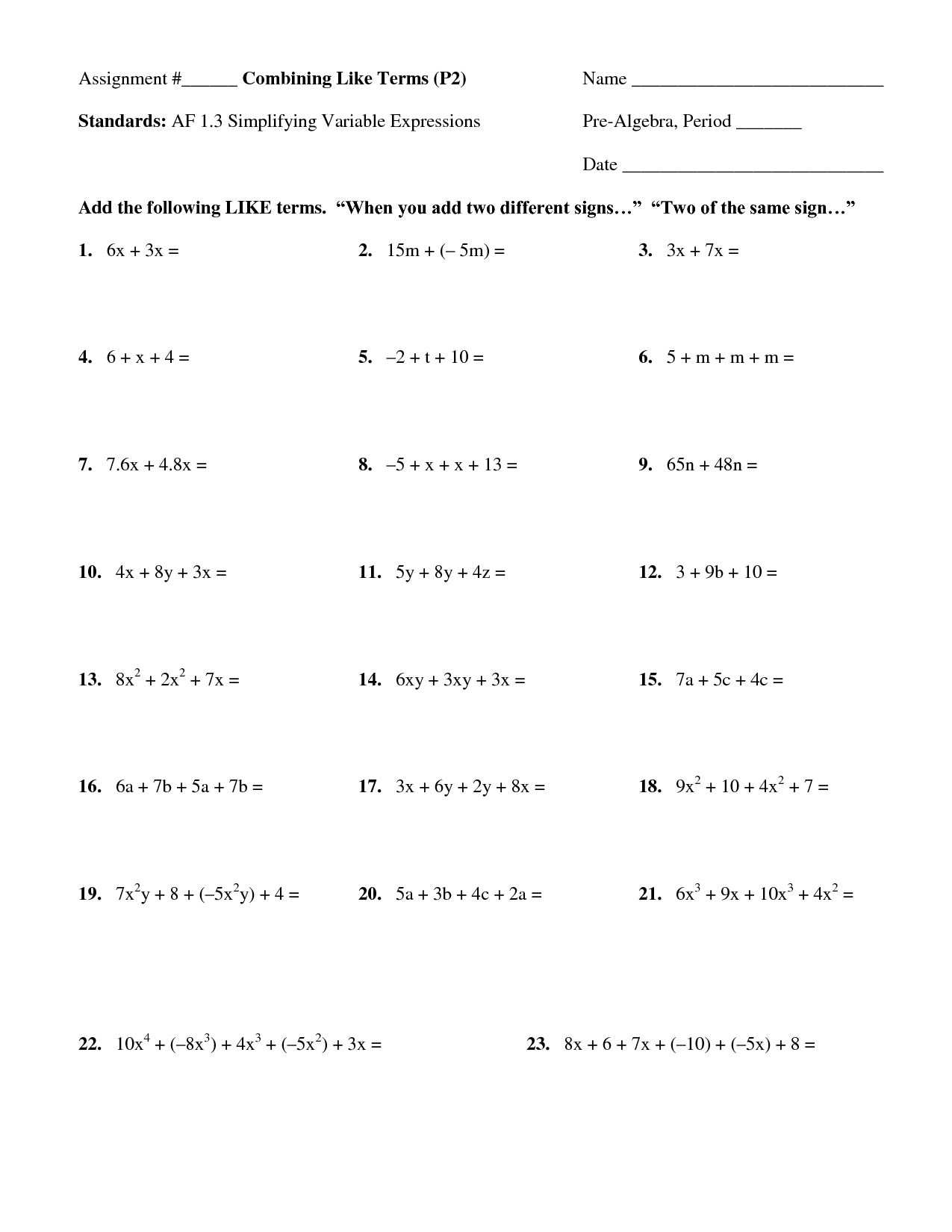 Combining Like Terms With Fractions And Decimals Worksheets - 1000