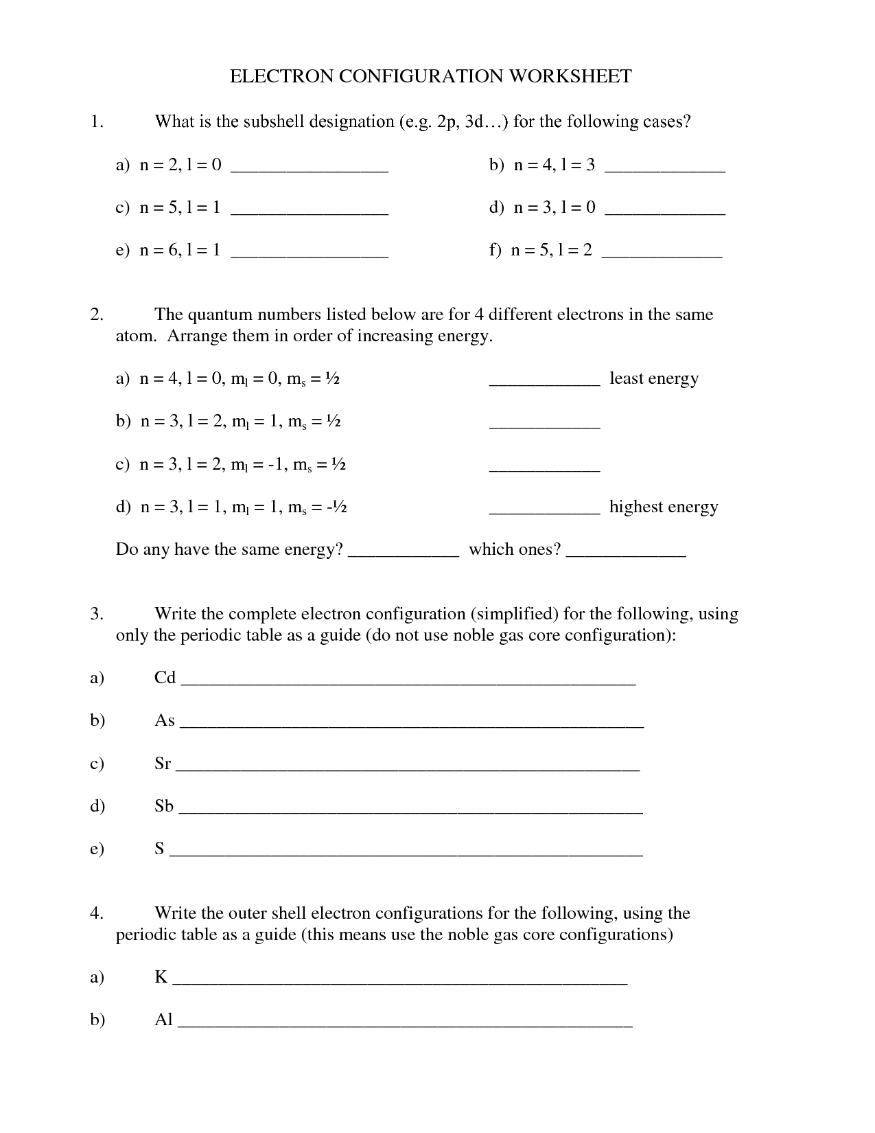 Electron Configuration Worksheet Answers