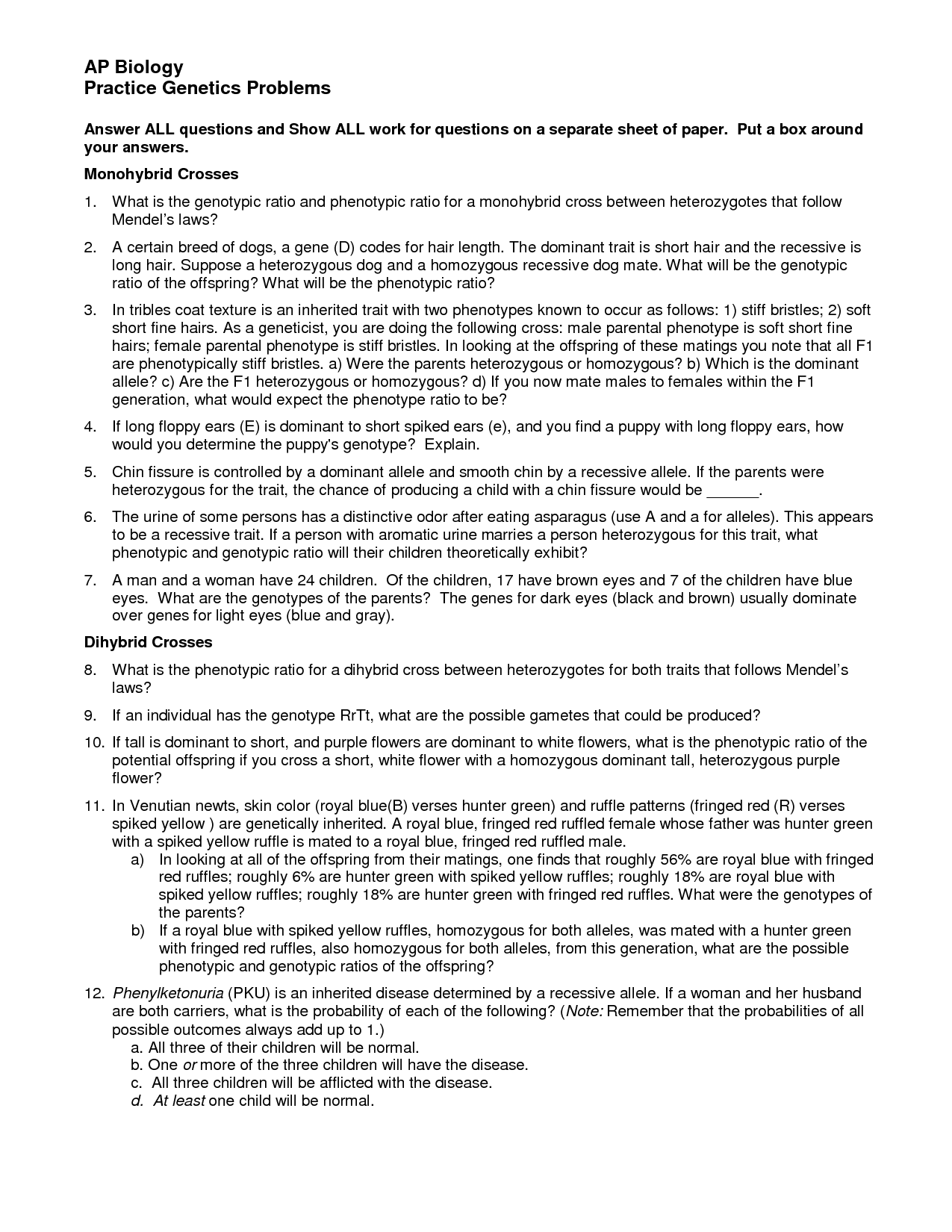 Monohybrid Crosses Worksheet Answers