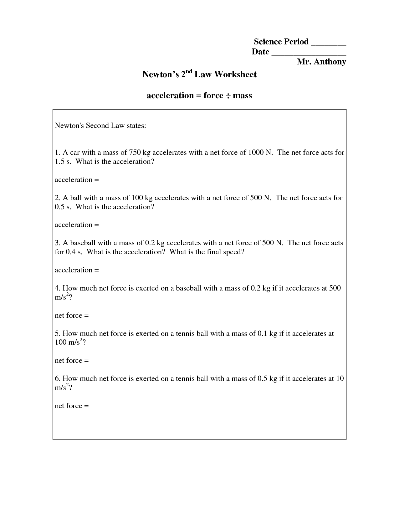 Newton's Second Law Worksheet