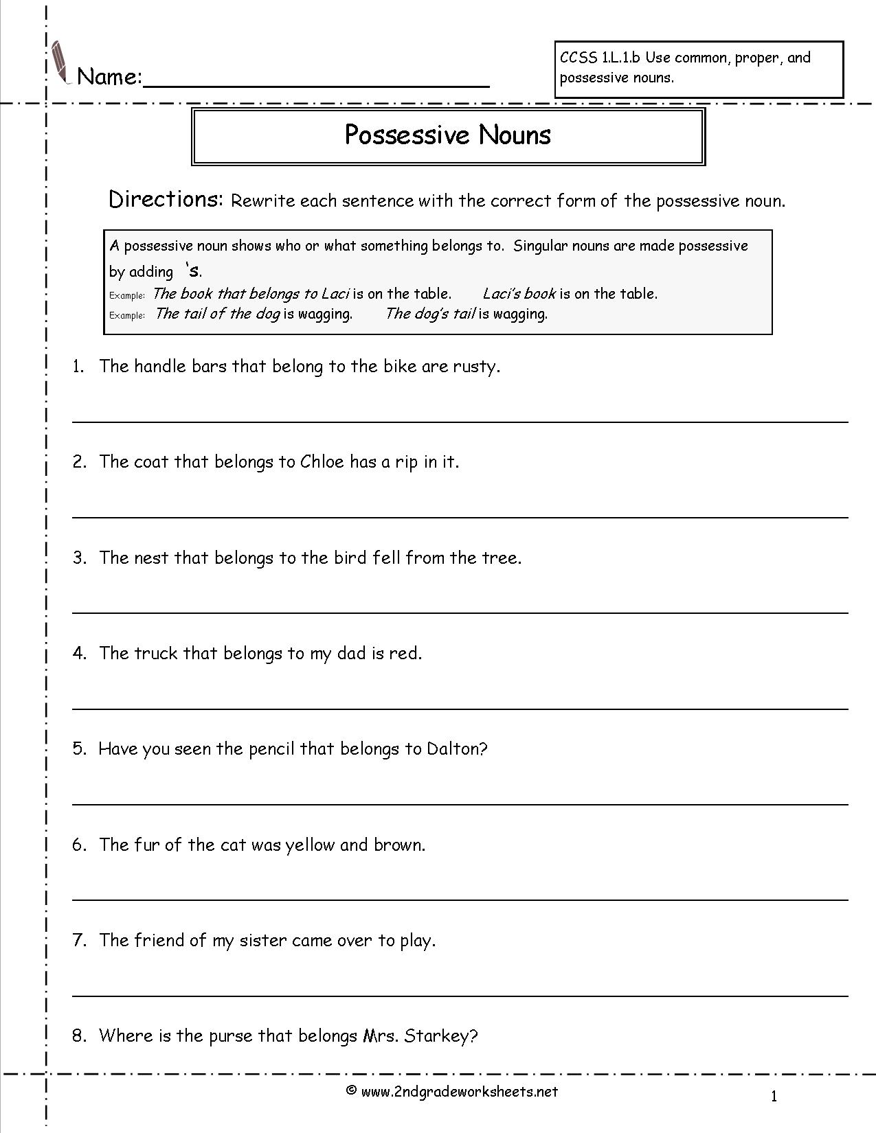 Possessive Nouns Worksheets 2nd Grade Free