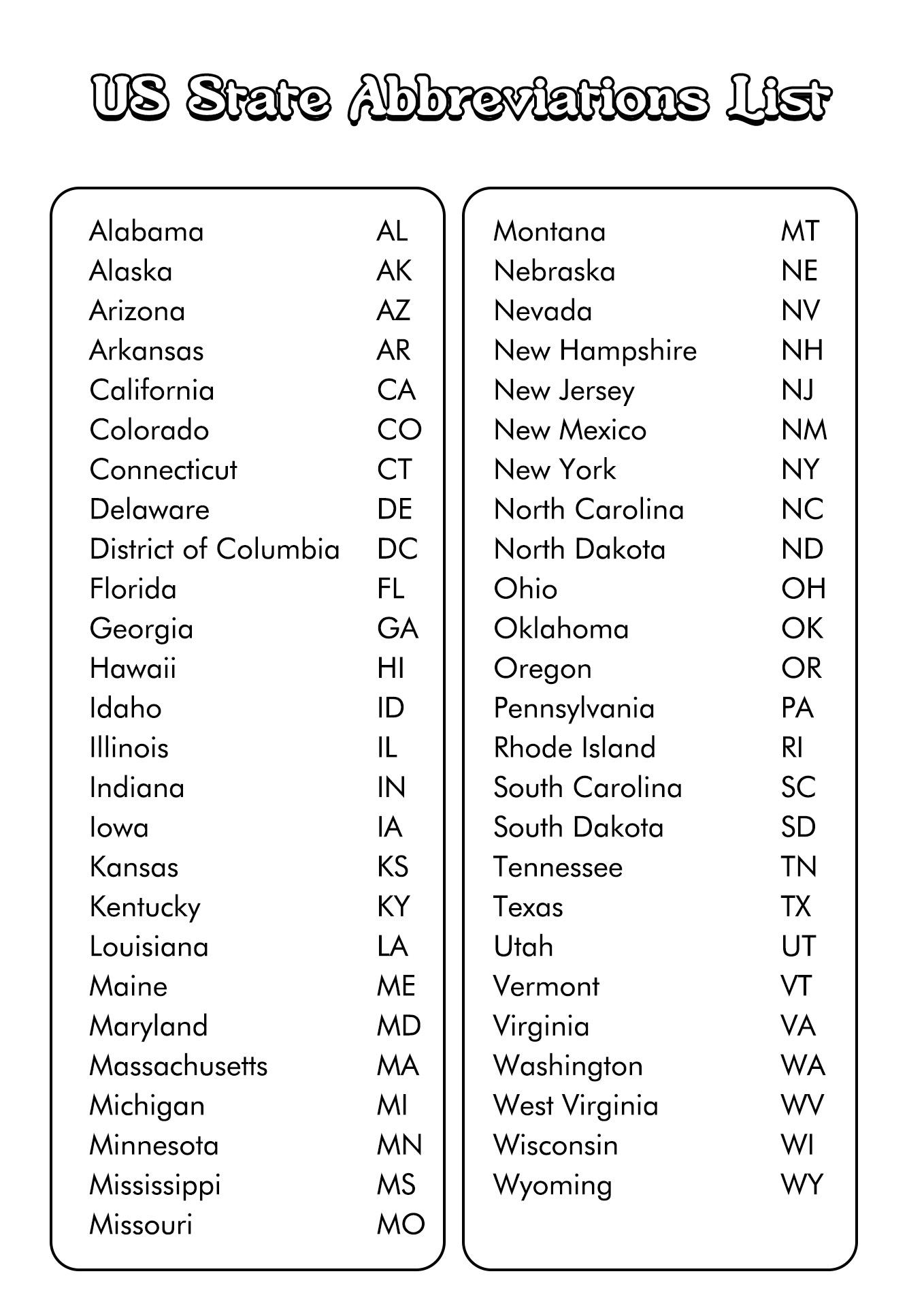 Printable List Of 50 States