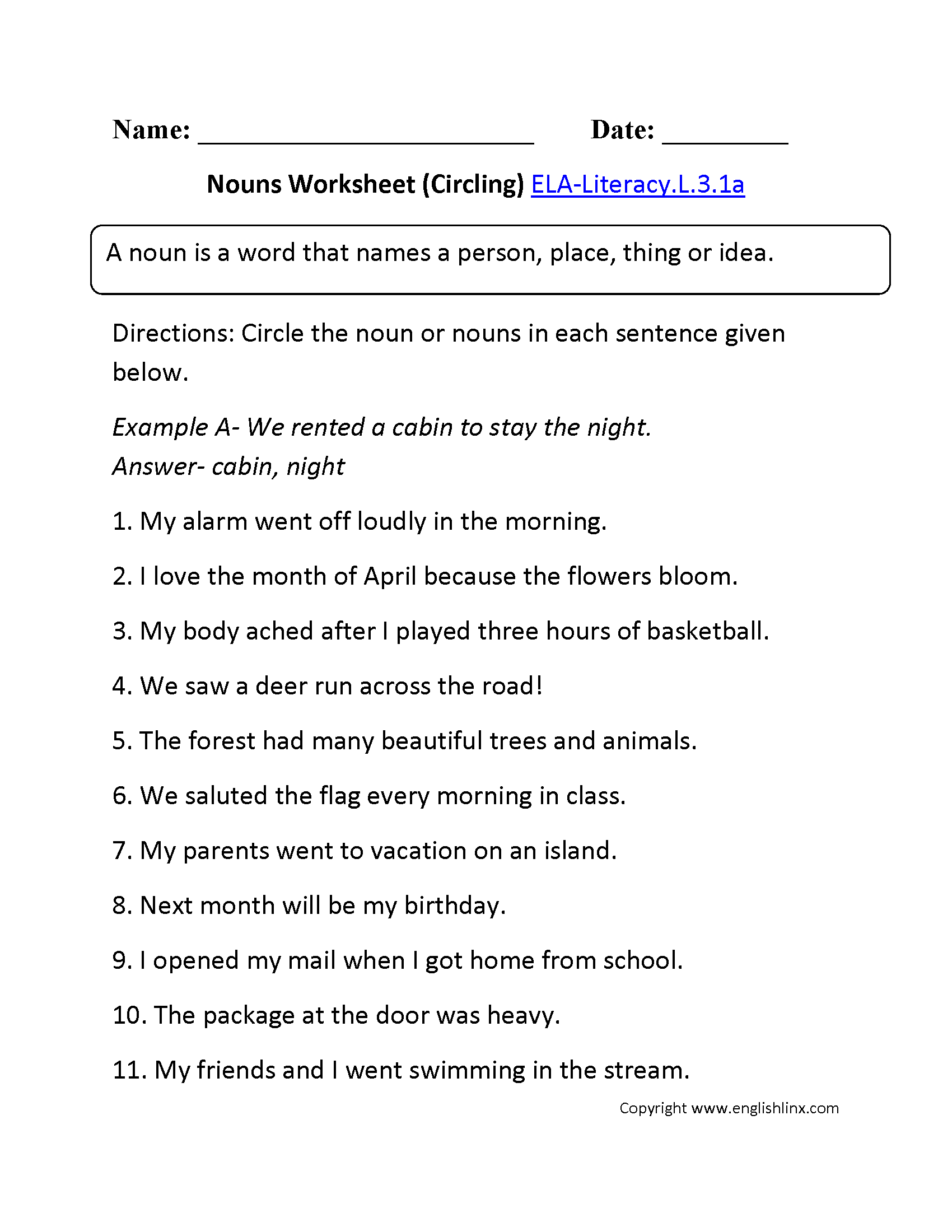 Free Printable Noun Worksheets For 3rd Grade