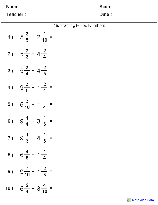 Adding and Subtracting Mixed Number Fractions Worksheets