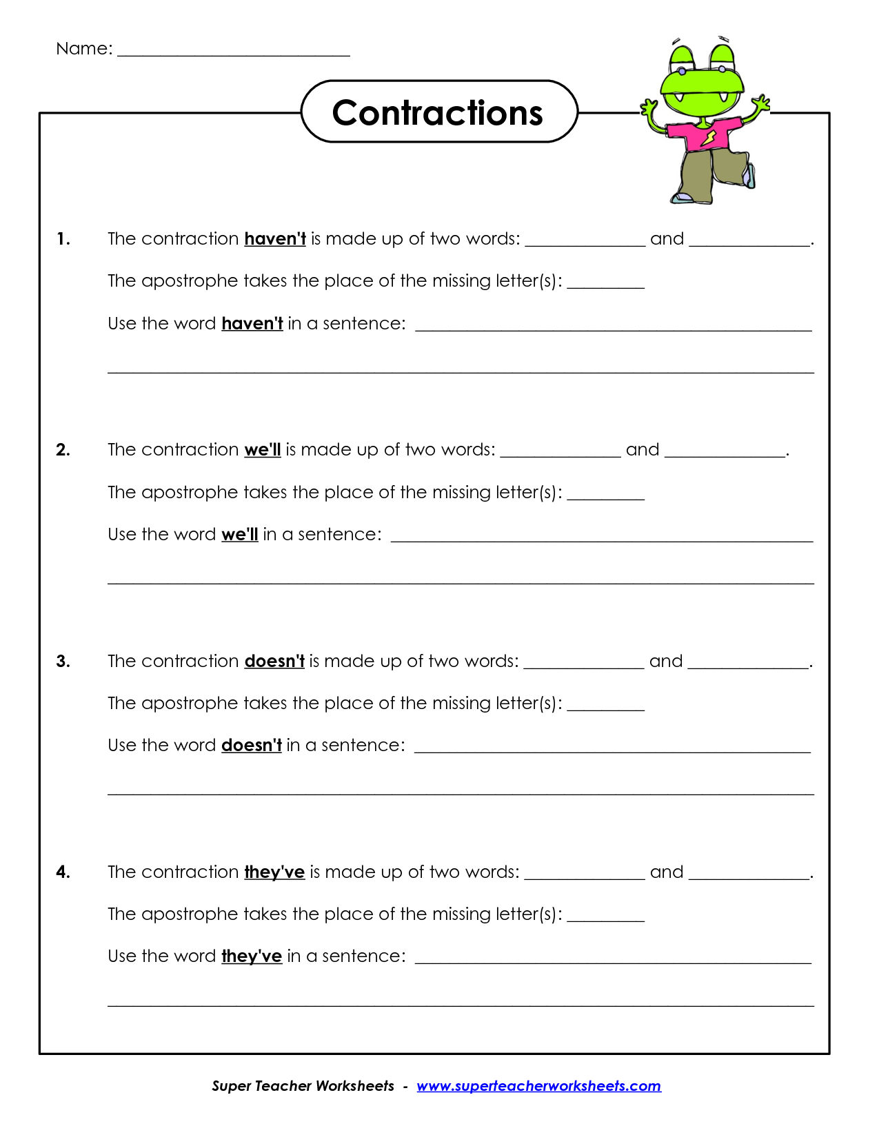 Contraction Sentence Worksheet