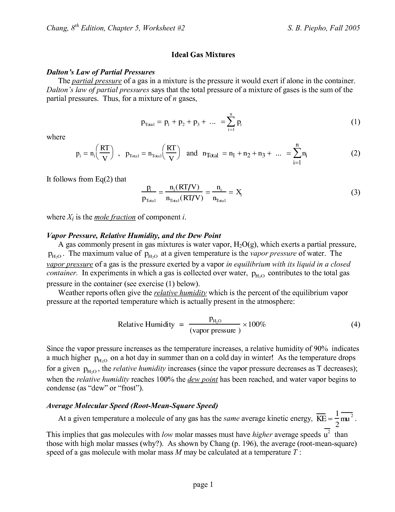 Dalton S Law Of Partial Pressure Worksheet Answers
