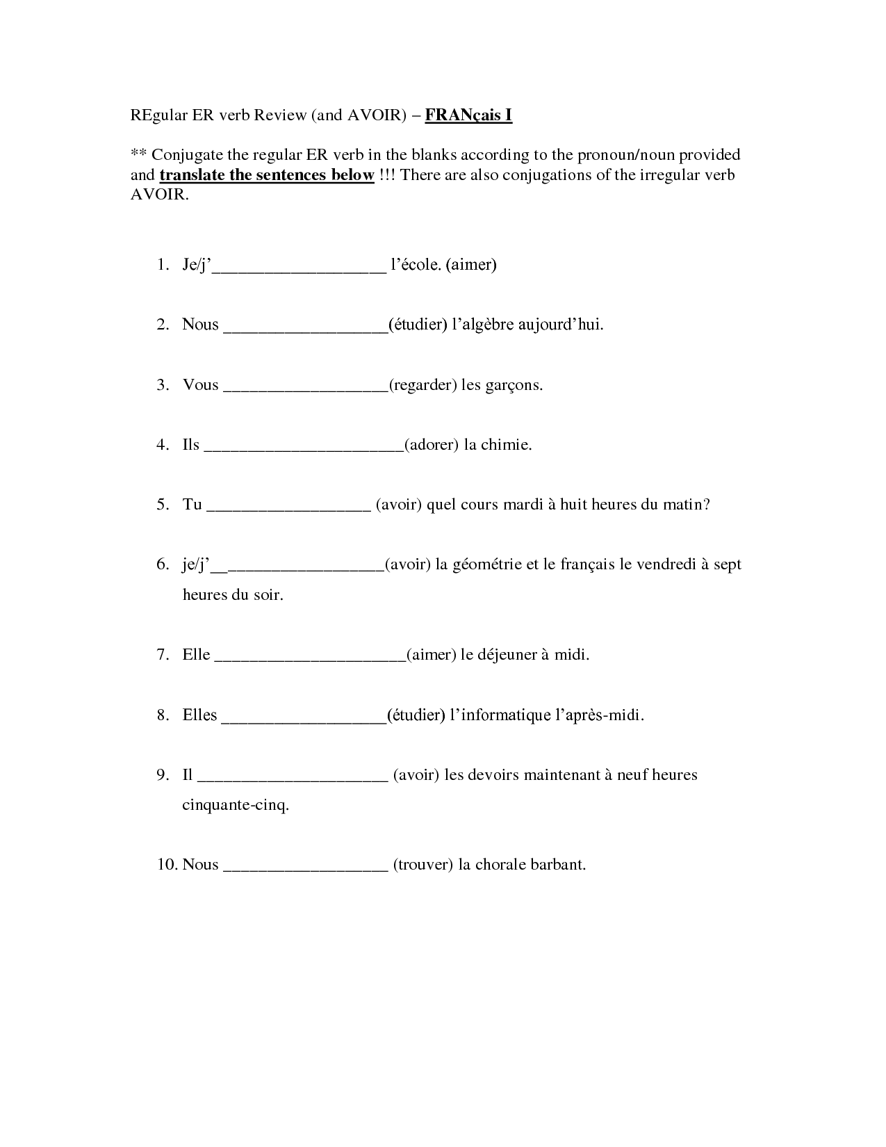 Verb Conjugation French Worksheets