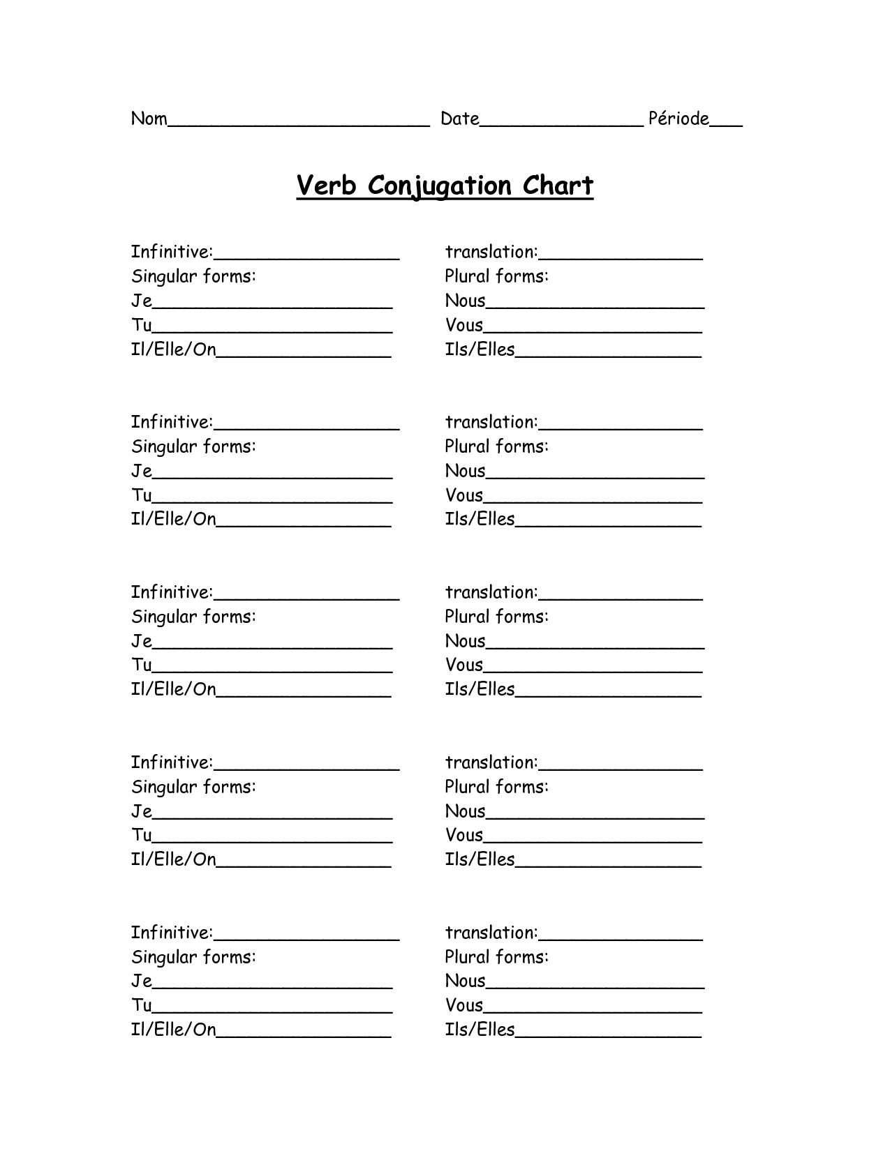 French Irregular Verb Conjugation Worksheet