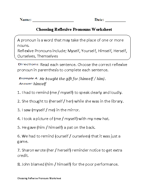 Reflexive Pronouns Worksheets For Grade 3