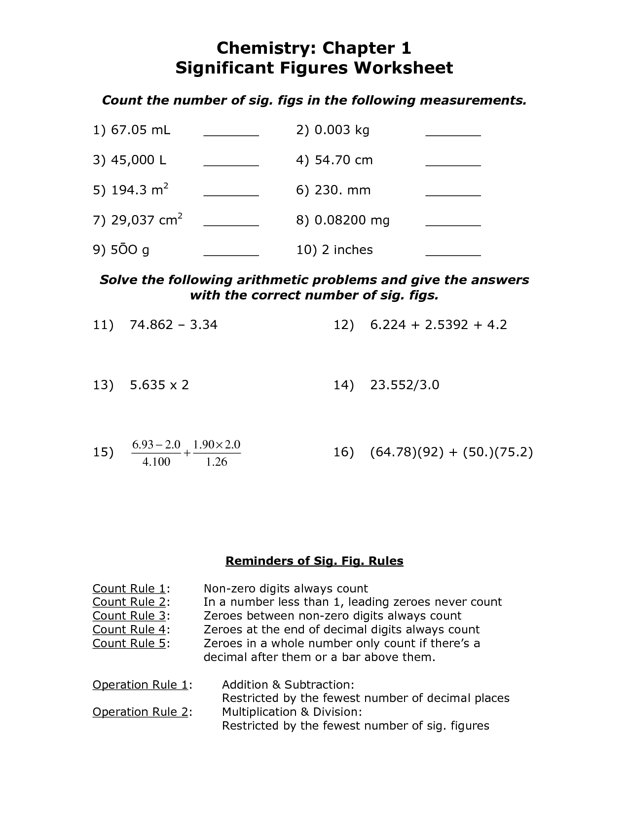 Chemistry Significant Figures Worksheet Answers