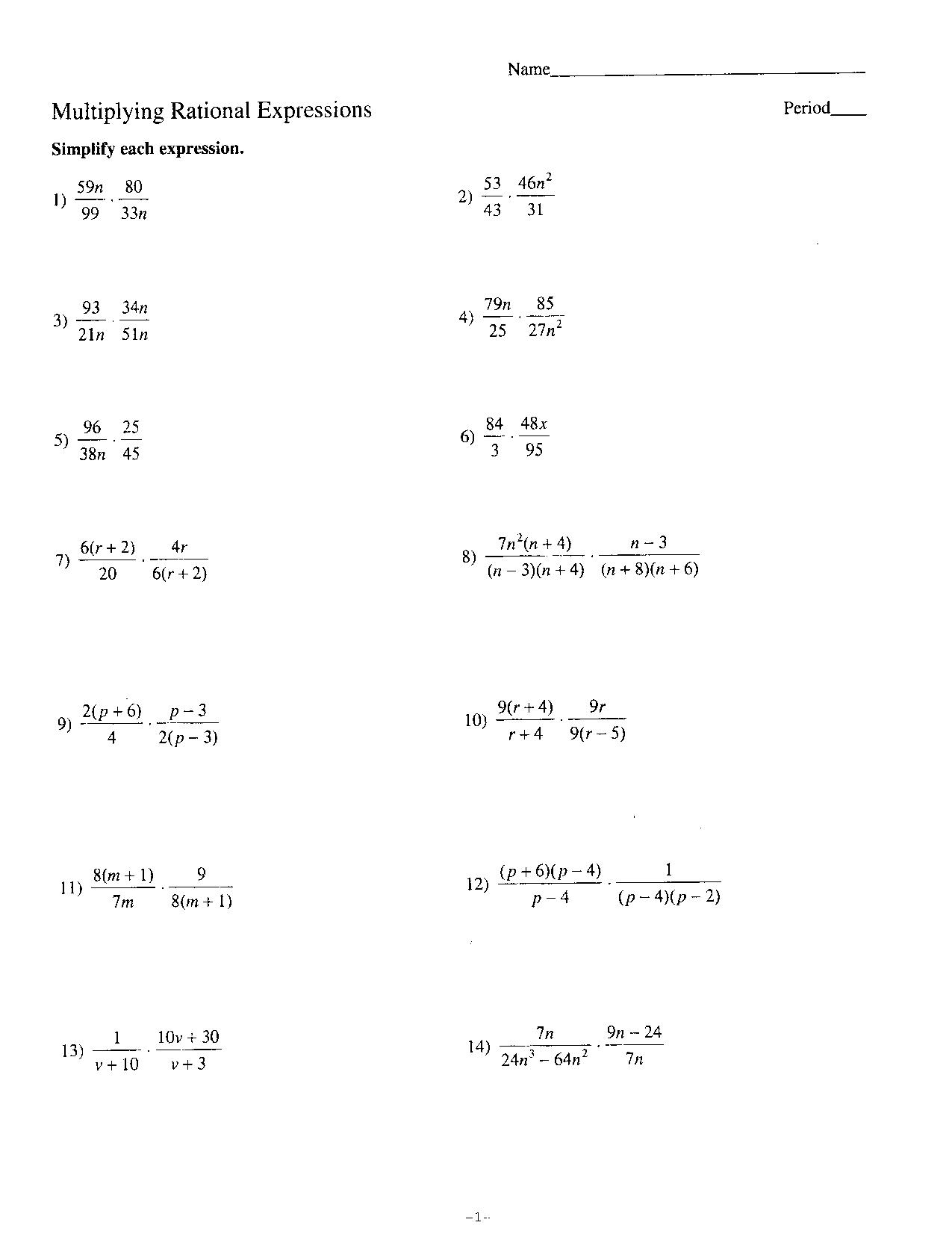Multiplication Of Rational Expressions Worksheet Pdf