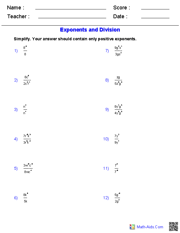 These Algebra 1 - Exponents Worksheets