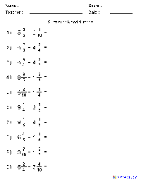 Subtracting Fractions with Mixed Numbers Worksheet