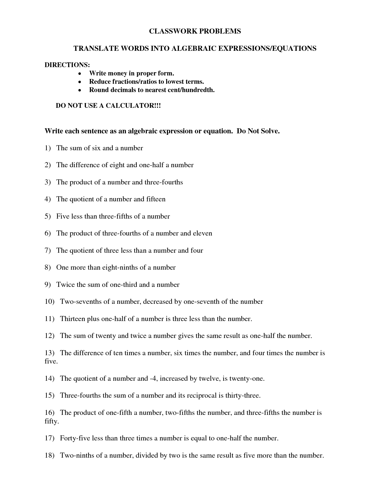 16 Best Images Of Translating Verbal Expressions Worksheets Translating Algebraic Expressions