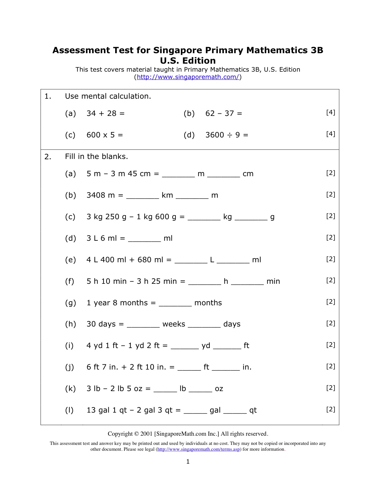 3rd Grade Math Test Worksheets