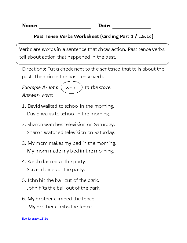 Verb Tense Worksheets 5th Grade