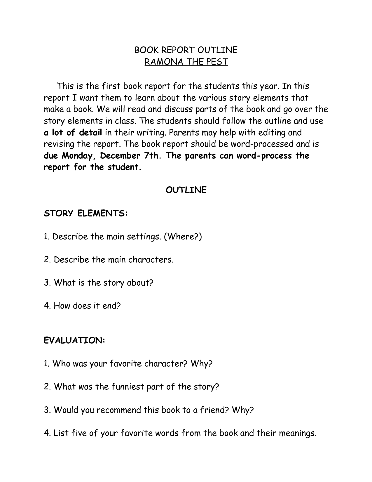 Basic book report outlines