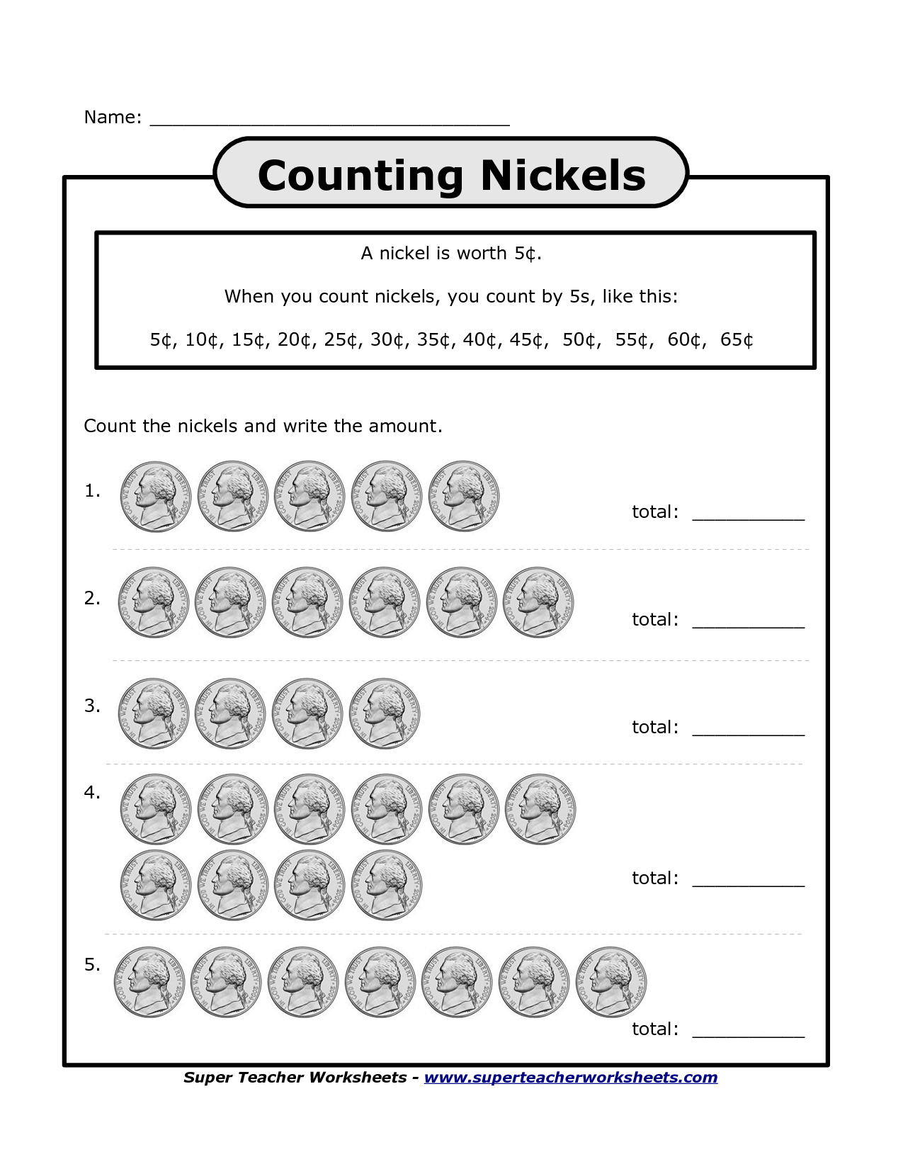 Free Printable Counting Nickels Worksheets