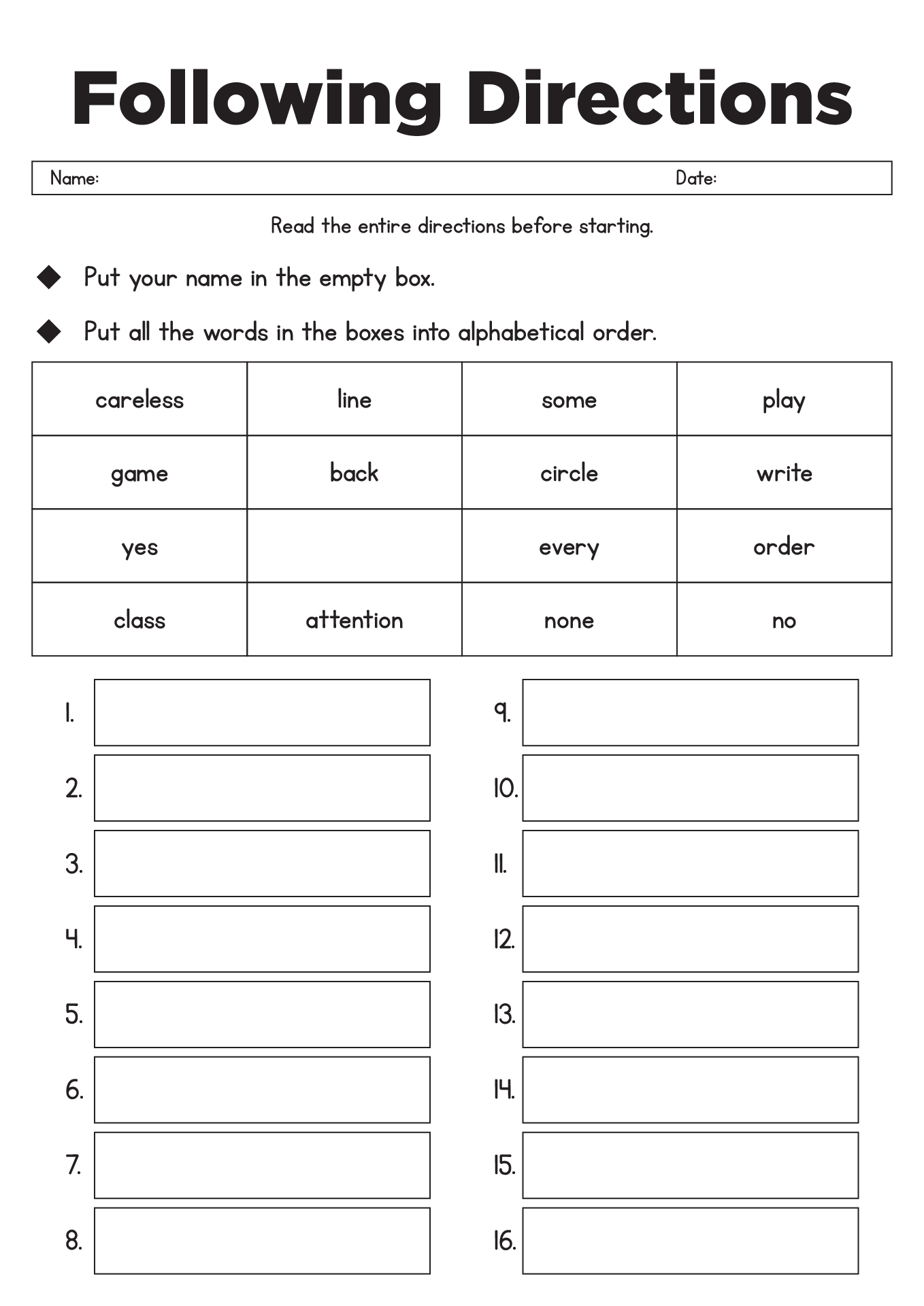 Following Directions Worksheet Middle School