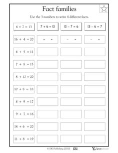 Math Fact Families Worksheets First Grade