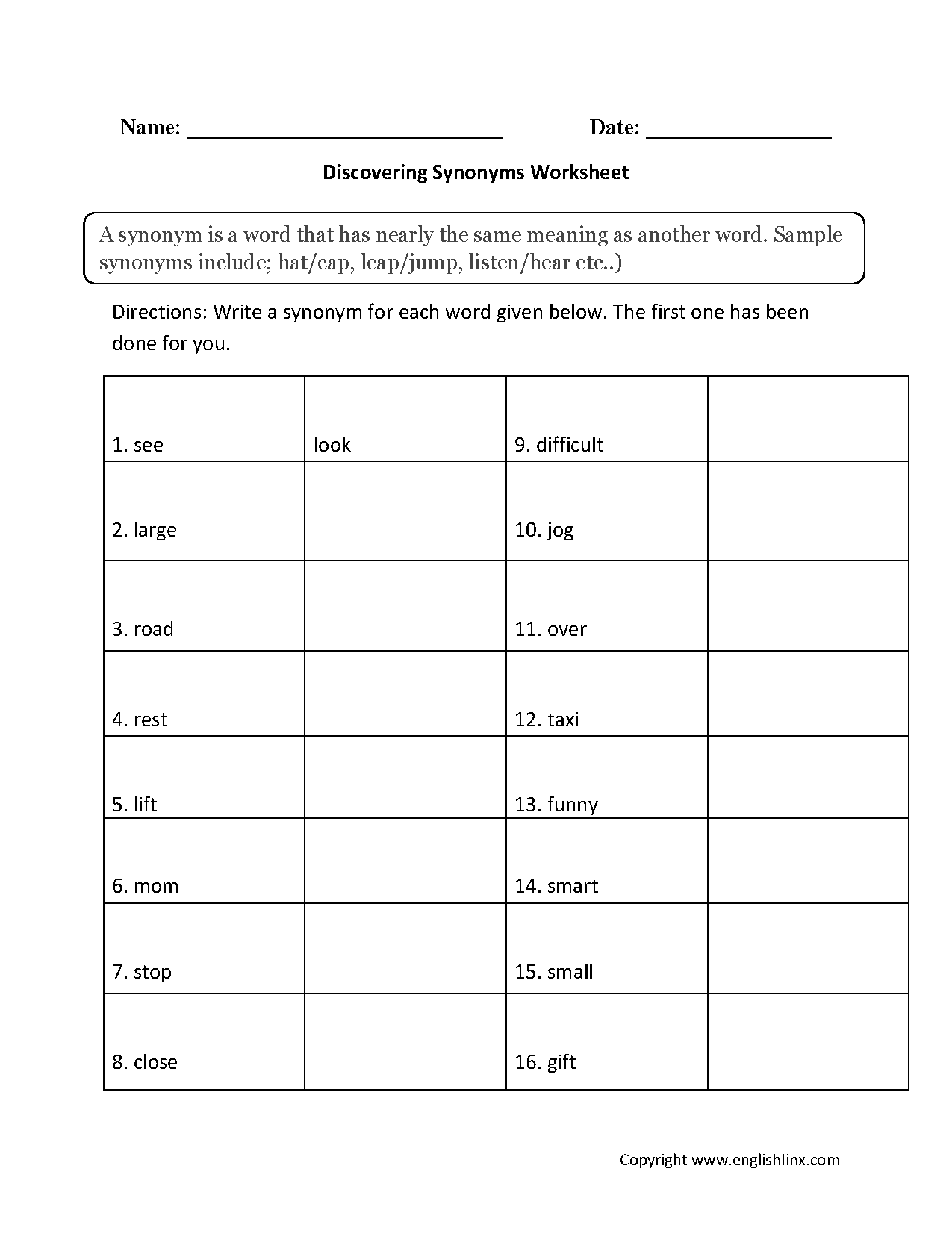 7th Grade Synonym Sentences Worksheets