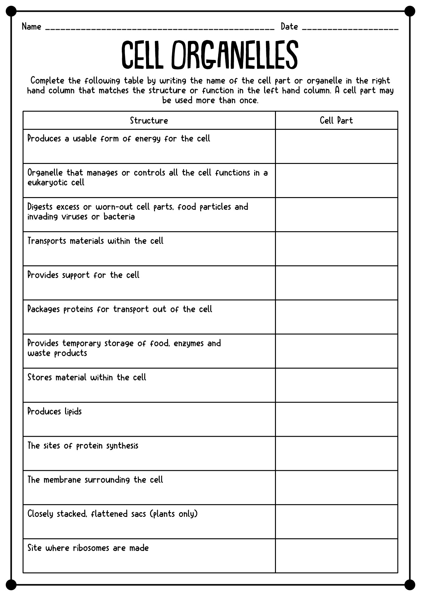 Free Printable Cell Worksheets