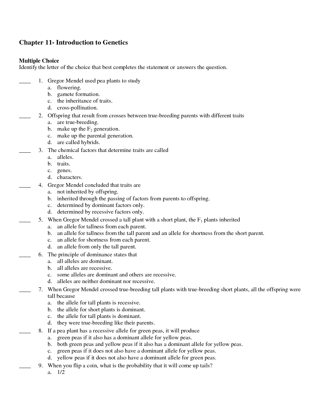 Genetics Worksheet Answer Key