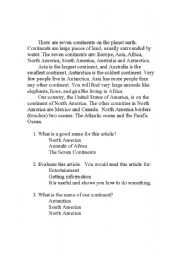 Continents Reading Comprehension Worksheet
